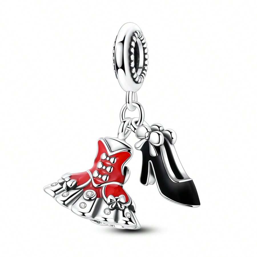 1pc Silver-Plated Red Oil Drop Dress & High Heel Pendant, Suitable For DIY Bracelet, Necklace, Jewelry Making, Women's Party Gift