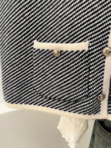 Alicedudu 女士秋冬优雅人字纹设计圆领开衫背心 - 黑色 - 查看 4