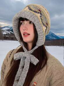 1 件复古北欧花卉图案耳暖针织帽，可系成可爱的蝴蝶结，保暖防寒性能极佳，复古费尔岛针织拉法帽，适合女士雪天和户外活动，秋冬季