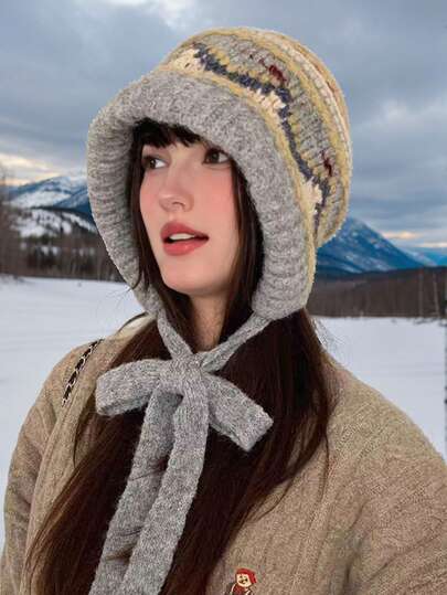 1 件复古北欧花卉图案耳暖针织帽，可系成可爱的蝴蝶结，保暖防寒性能极佳，复古费尔岛针织拉法帽，适合女士雪天和户外活动，秋冬季