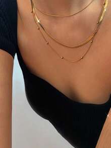 Nooxian 3 件套女士不锈钢项链套装，夏季海滩度假分层风格，防水防锈，扁平蛇链，圆珠吊坠项链套装，日常配饰礼物（珠子数量随机），黄金首饰 - 金黃色 - 查看 3