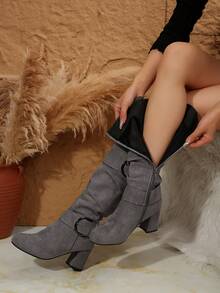 Bốt cao đến đầu gối bằng da lộn kiểu Âu Mỹ mới thu/đông có gót dày và khóa thắt lưng, bốt cao đến đầu gối cho nữ, dự tiệc - Xám - Xem 8