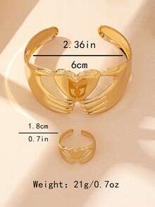 2pcs Fashionable Hug Heart Open Ring & Bracelet Set, Suitable For Women's Daily Decoration, Clothing Accessories, Vacation, Dating, Best Gift For Her