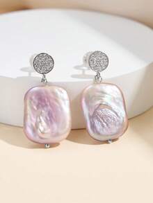 AETOLIA 925 Sterling Silver Baroque Pearl Earrings With Crystal Rhinestones, 14x20mm Rectangular Pearl Drop, Luxury Wedding Party Earrings For Women, Elegant Statement Dangling Ear Jewelry