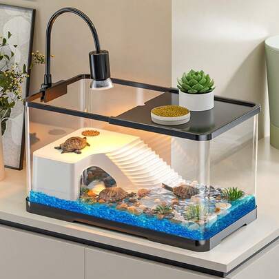 Sköldpaddstank med solplattform, sköldpaddshabitat för hemmabruk, lämplig för brasilianska sköldpaddor, genomskinlig guldfiskskål