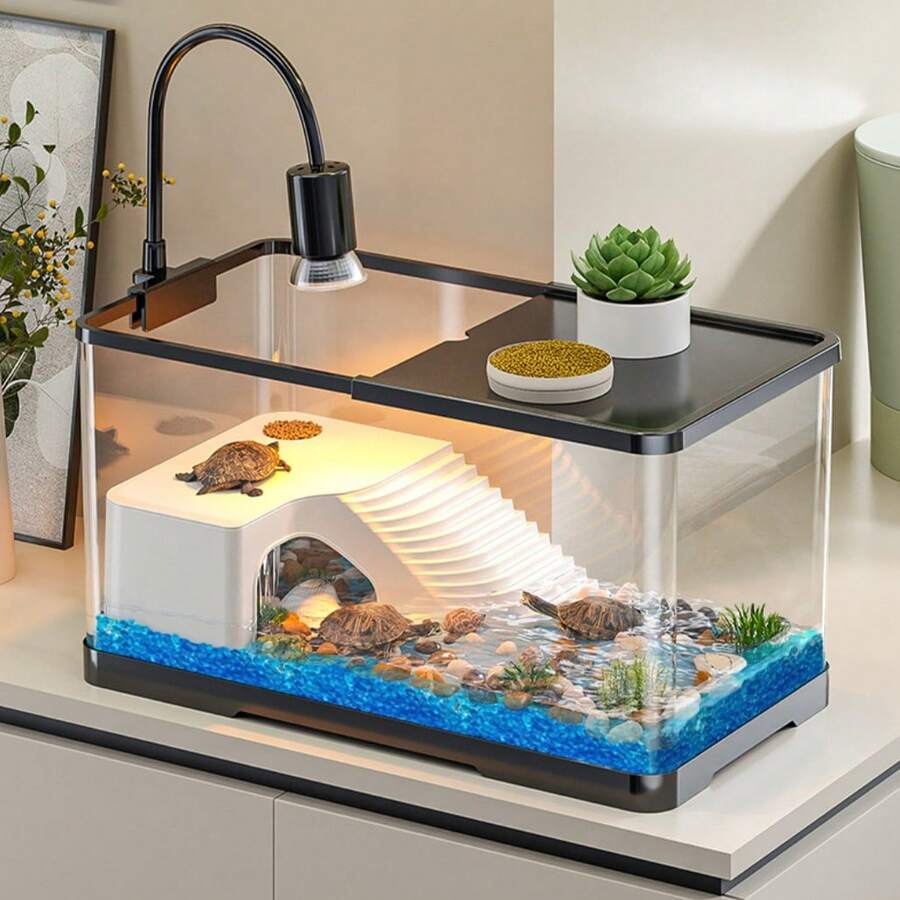 Turtle Tank With Basking Platform, Home Use Landscaping Turtle Habitat Tank, Suitable For Brazilian Turtles, Transparent Goldfish Bowl - Black - View 1