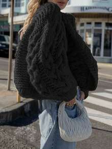 女装秋冬时尚休闲通勤罗纹宽松外套针织长袖常规宽松修身针织短款开衫外套，流行宽松款式手工粗针钩针加厚针织开衫外套毛衣上衣，毛衣开衫，流行撞色，外套，返校服， - 黑色 - 查看 3