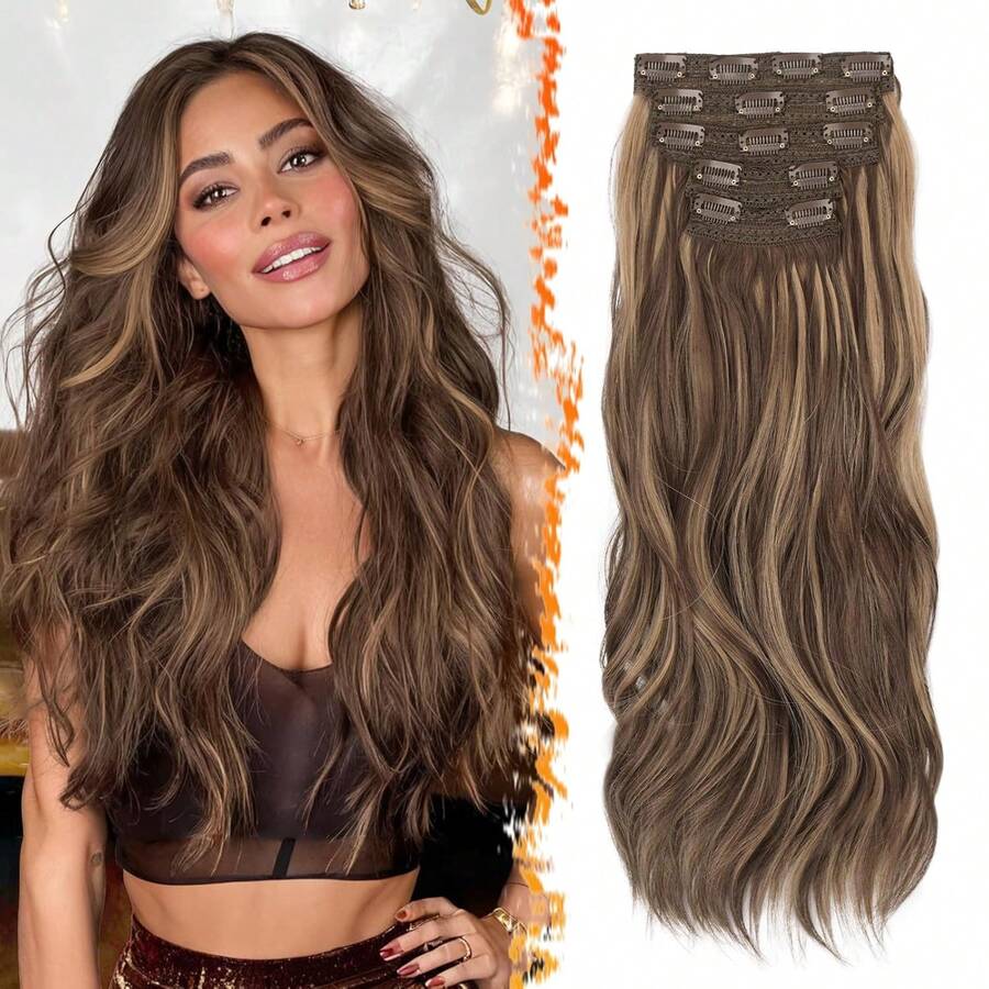 FESHFEN Clip-In Extensions, 50 Cm Wavy Clip-In Hair Extensions Blonde For Women, 5 Pieces, Natural Hair Extensions, Synthetic Hairpiece, Hair Extensions - Brown with honey blonde - 查看 1