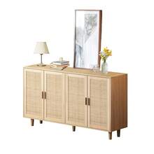 158CM Elegant And Functional 4-Door Rattan Decorative Storage Cabinet For Bedroom, Living Room, Office, Black; 158CM Elegant And Functional 4-Door Rattan Cabinet For Bedroom, Living Room, Office - 天然+刨花板 - 查看 4