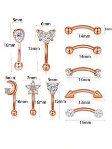 10pcs 16G Stainless Steel Rook Daith Earrings Belly Lip Ring Eyebrow Studs Cartilage Tragus Cubic Zirconia Barbell Body Piercing 8mm (5/16")
