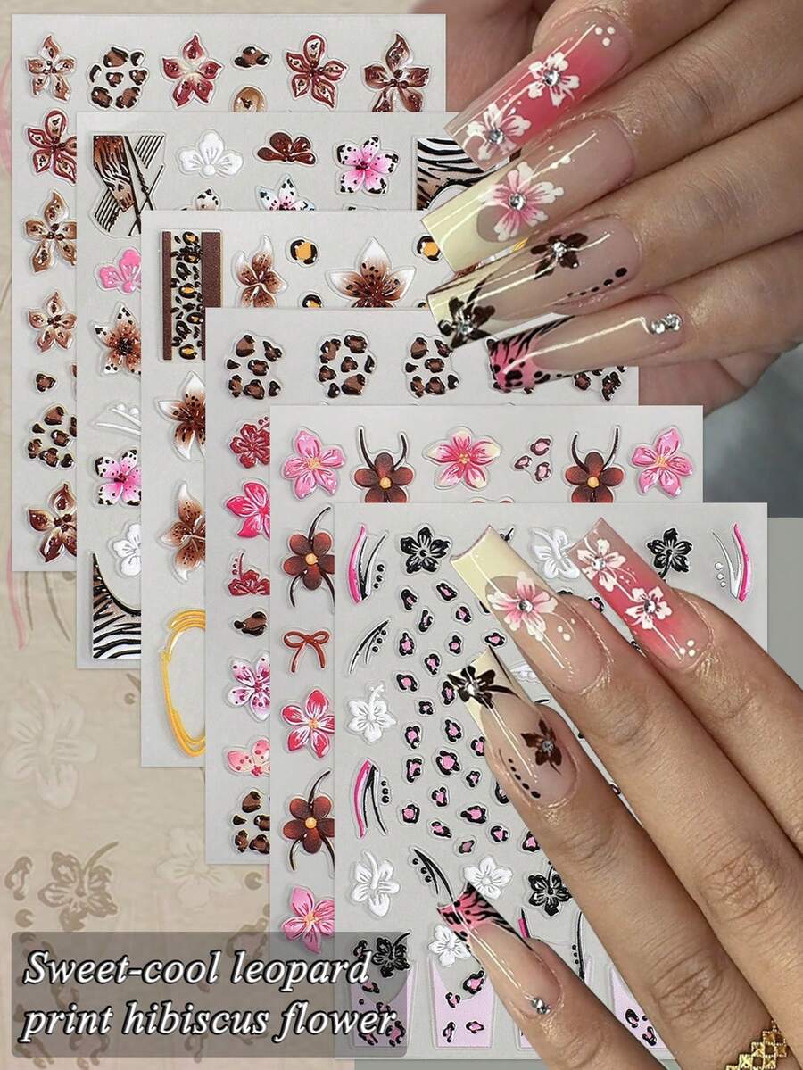 3/6 Sheets Leopard Print Hibiscus Flower Nail Art Stickers, Tropical Floral Animal Print Nail Decals, Self-Adhesive Exotic Summer Hawaiian Nail Stickers For Beach Vacation Party DIY Manicure Decoration