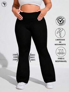 Women's Plus Size Solid High Waist Flare Pants, Yoga Sport Pants, Compression Leggings, Running And Fitness Pants, Women's Clothing, Women's Leggings, Women's Summer Pants - 全黑 - 查看 2
