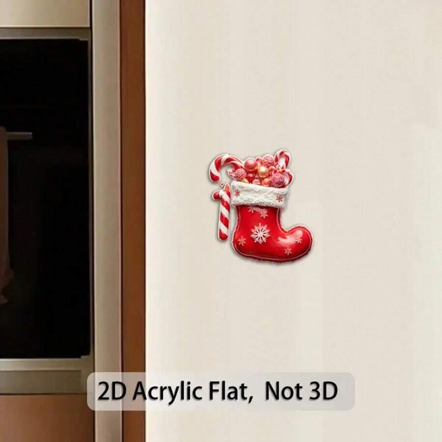 1pc Bright Red & White Acrylic Christmas Stocking Fridge Magnet With Candy Cane, Snowflake And Gold Decor - 2D Flat Decoration, Suitable For Fridge, Door - Holiday Decor For Christmas, New Year, Valentine's Day, Mother's Day, Independence Day - Durable And Easy To Clean Design - Holiday Kitchen And Dining Room Decor - Candy And Ornament Storage Compatible, 2D Flat, Funny Fridge Magnet, Refrigerator Magnet, Christmas, Funny Magnet, Fridge Tape, Cute Fridge Magnet