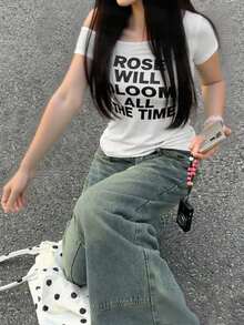 Solid Color Letter Print Oblique Shoulder Short Sleeve Slim Casual Women T-Shirt, Spring/Summer White - White - View 5