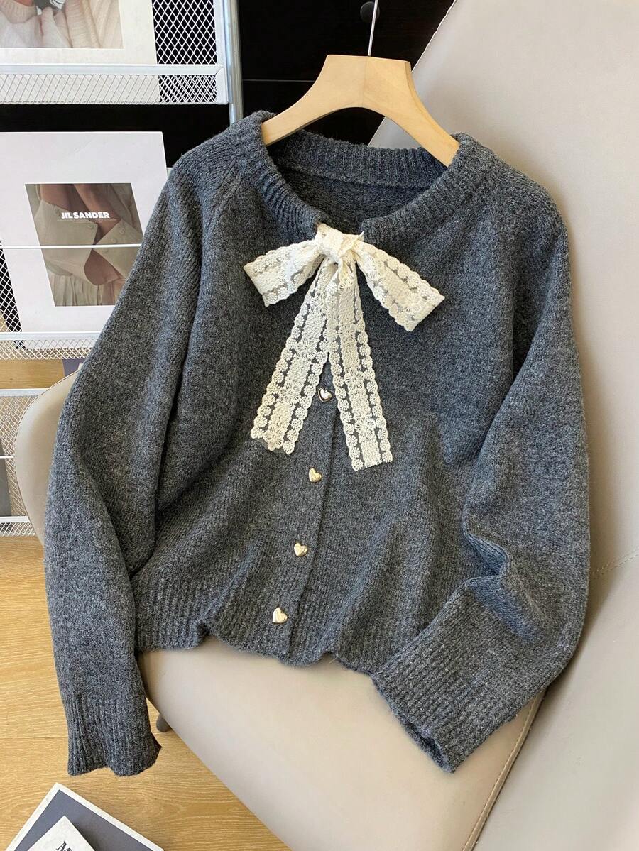 女士休闲蝴蝶结装饰开衫，宽松垂坠长袖上衣，简约时尚，完美搭配 - 深灰 - 查看 1