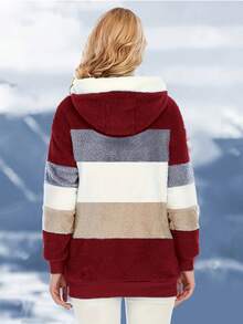 2026 Early Spring Curated Collection Plus Size - Women'S Plus Size Colorful Patchwork Hooded Jacket - Cozy Fleece-Lined Winter Coat With Drawstring, Casual Style, White & Blue, Beige & Blue, Cream & Blue, White & Cream, Winter Outerwear | Casual Style Jacket | Fleece Lined Jacket Colorblock Hooded Oversized Jacket For Women, Autumn/Winter This Retro Color-Block Faux Fur Hooded Jacket Is Your Cold-Weather "Joy Trigger"-The Second You Wrap Into It, Your Fingers Sink Into (Fluff) That Feels Like A Sun-Warmed Blanket: Soft, Plush, And Warm Enough To Lock Out Drafts, But Light Enough That You Can Reach For  Dig For Keys Without Feeling Bulky. - 紅色 - 查看 2