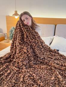1 Peça Cobertor Felpudo Estampado de Onça de Dupla Camada - Macio, Quente, Elegante, Adequado para Todas as Estações | Ótimo para Sofá, Decoração Doméstica, Viagem ou Uso no Escritório, Acessório de Decoração Doméstica | Design de Estampa Animal | Manta Jacquard Tricotada