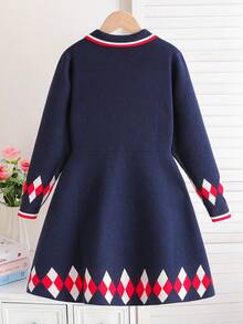 Girls' Collared Long Sleeve Sweater Dress, School Style - Navy Blue - View 2