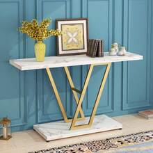 Console Table, Industrial Hallway Table For Entryway, 42 Inch Entryway Tables Narrow Sofa Table For Living Room, Stable Metal Frame & Easy Assemble,Gold/White Color - Vàng - Xem 3