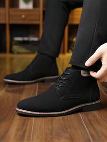Men's Suede Lace-Up Chukka Ankle Boots, Stitching Perforated Detail Non-Slip Wear-Resistant Sole Comfortable Business Casual Dress Boots For Daily Commute, Office Work, Fall Winter Daily Wear And Formal Occasions - 黑色 - 查看 3