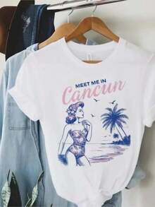 Trendsss Y Versatile New Women's Travel T Shirt Cartoon Pattern Women's Clothing Printing Casual O Neck Cute Printing T Shirt - 白色 - 查看 1