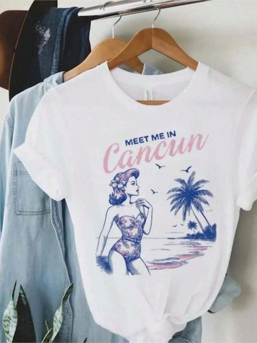 Trendsss Y Versatile New Women's Travel T Shirt Cartoon Pattern Women's Clothing Printing Casual O Neck Cute Printing T Shirt - 白色 - 查看 1