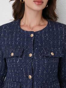 Áo khoác nữ TRAFZA thanh lịch, kiểu dáng thường ngày, chất liệu vải tweed, cổ tròn, tay dài, màu trơn, thích hợp cho mùa xuân. - Hải quân với sợi vàng - Xem 5