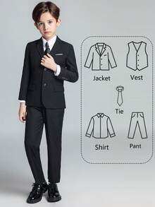 Boys Suits 5-Pieces Suit Set Toddler Tuxedos Dresswear Ring Bearer Outfit Wedding Blazer Vest Pants Shirts Tie Formal Suits For Kids Black Size 3-10Y