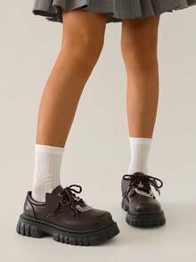 1 Pair Solid Color Casual PU Leather Bat Wing Halloween Flats, Black Versatile Round Toe Thick Sole Retro Mary Jane Shoes For Women - Brown - View 3