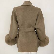 OFTBUY Solid Color Wool & Faux Fur Patchwork Belted Loose Fit Casual Jacket, Suitable For Daily, Airport, Holiday, Travel In Autumn/Winter