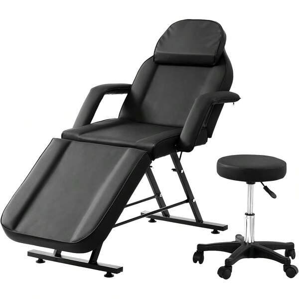3-Section Adjustable Tattoo Chair With Stool - Heavy Duty Salon Facial Bed & Massage Table, 330lbs Capacity (Black)