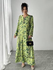 1 Stück Damen Maxikleid mit Blume Muster und Langarm in A-Linie, lässiges grünes Kleid geeignet für Hochzeiten, elegantes arabisches Abaya-Kleid für luxuriöse Partyveranstaltungen im Frühling - Grün - Übersicht 4