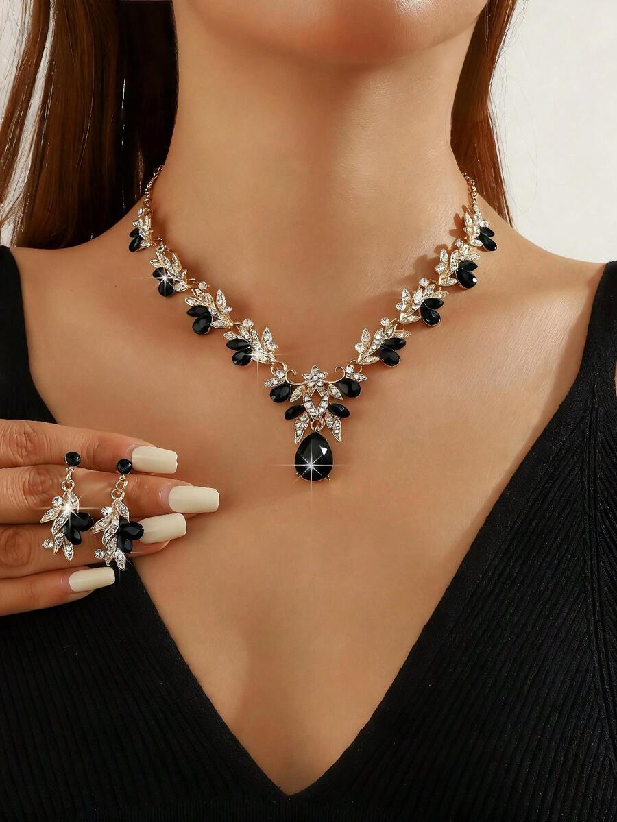 Juego de 3 piezas de joyería de moda: 1 collar + 1 par de aretes, joyería de boda para mujer adecuada para uso diario, fiesta, festival como regalo