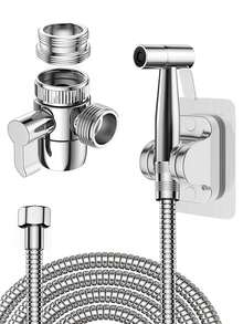 手持式冲洗喷头套装，带三通水龙头分流器的马桶冲洗器，浴室冲洗器/马桶喷头，配有1.5米软管，用于清洁洗手池、浴室角落、马桶，个人卫生浴室配件/浴室工具 - 銀色 - 查看 1