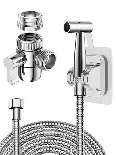 Handhållen bidésprayset, toalettbidétillbehör med 3-vägs kranomkastare badrumsbidé WC-spray med 1,5 m slang, används för rengöring av handfat, badrumshörn, toalett, personlig hygien badrumstillbehör badrumsverktyg