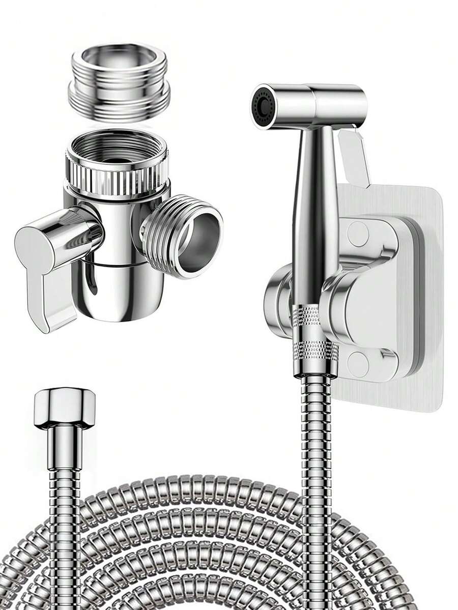 手持式冲洗喷头套装，带三通水龙头分流器的马桶冲洗器，浴室冲洗器/马桶喷头，配有1.5米软管，用于清洁洗手池、浴室角落、马桶，个人卫生浴室配件/浴室工具 - 銀色 - 查看 1