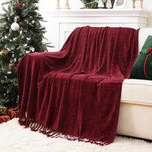 Burgundy Chenille Throw Blanket For Couch, Decorative Fringe Velvety Red Blankets For Sofa Bed,Soft Cozy Knit Throws With Tassels,Christmas Decor, 50"X60" - Màu Đỏ Sâu - Xem 4