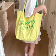 Woman Canvas Bag, Embroidery Letters Double Side Large Capacity Shoulder Bag Handbag For Casual Daily - Yellow - View 4