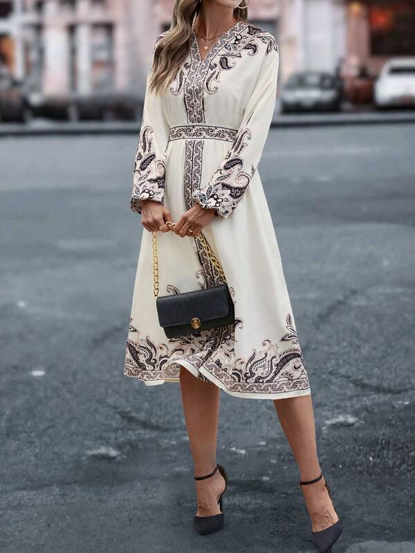 Vestido midi de línea A con cintura fruncida, estampado, de ajuste holgado, color albaricoque, para mujer, de estilo casual, elegante y francés para vacaciones y uso diario, otoño