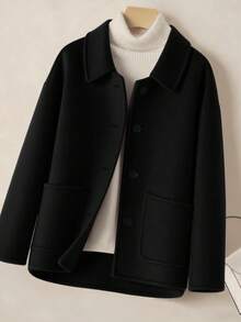欧美时尚简约女装外套，翻领单排扣优质短款羊毛大衣，休闲宽松纯色长袖复古风，适合搭配时尚衬衫，完美适合女士冬季羊毛大衣。 - 黑色 - 查看 2