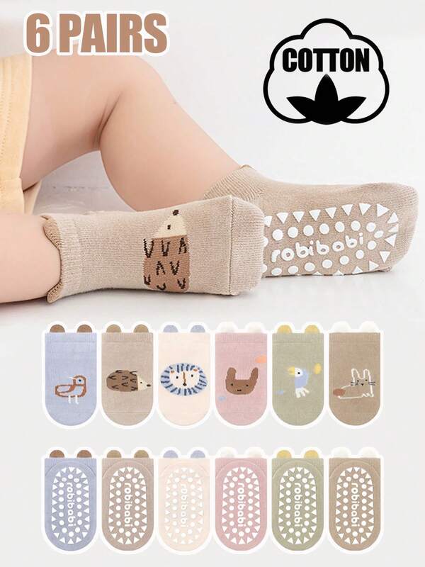 6 Paar Baby und Kleinkind Anti-Rutsch Socken, weich & bequem, hautfreundlich, Kinder Laufsocken, geeignet für alle Jahreszeiten, Jungen & Mädchen, weiches Material, Cartoon Muster, verschiedene Farben erhältlich