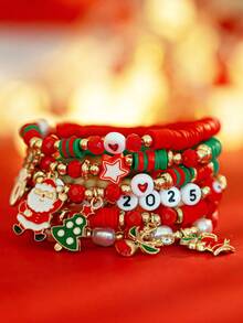 Juego de 6/7 piezas de pulsera de arcilla polimérica multicapa con elementos navideños coloridos y cuentas con letras, pulsera personalizada con colgante creativo de árbol de Navidad, muñeco de nieve y ciervo, pulsera elástica con diseño de Papá Noel y gorro/zapato de Papá Noel, adecuado para uso diario, citas, fiestas y regalos festivos para mujeres