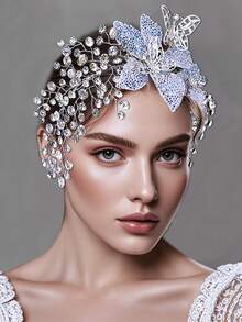 1pc Elegant Ombre Floral Headband With Sparkling Rhinestone Alloy Leaf Decor, Romantic Bridal Headpiece Suitable For Wedding, Halloween, Christmas, Party, Photography