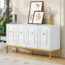 Sideboard, High-Gloss Storage Unit With Gold Handles And Legs, With Shelves. 140 X 80 X 40 Cm - 1 - View 2