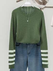 Women's Crew Neck Knit Pullover Sweater, Casual Striped Rib Splice, Spring & Autumn - Green - View 9