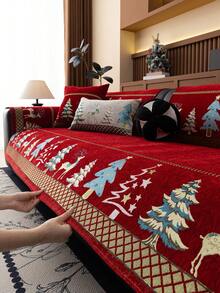 1PC Christmas Holiday Decor Sofa Cushion Chenille Jacquard Seat Pad With Reindeer And Christmas Tree Pattern, All-Season Non-Slip Sofa Cover Machine Washable - Red - View 1