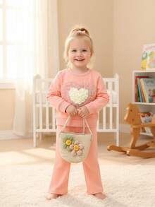 2pcs Set, Casual Elegant Sweet Cute Baby Girl Clothes, Soft Comfortable Infant Toddler Girl Outfit, Special Heart Decor Ruffle Trim Round Neck Long Sleeve Sweatshirt And Solid Color Elastic Waist Pants Set, Suitable For Daily, Vacation, Party, Outdoor - Multicolor - View 3