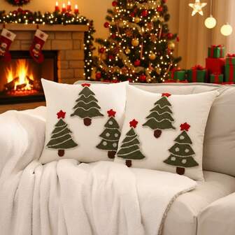 2pcs Tufted Christmas Tree Pattern Decorative Throw Pillow Covers For Winter Holiday