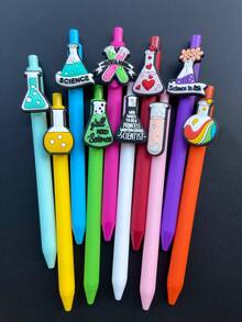 Set de 10 bolígrafos con pegatinas de botellas de reactivos de laboratorio químico, bolígrafos de tinta neutra con pegatinas con tema de experimentos científicos, adecuados para volver a la escuela, exámenes, regalos de fiesta, útiles escolares y de oficina - Multicolor - Ver 9
