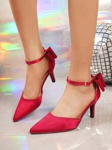 Burgundy Satin Bow Pointed Toe Ankle Strap High Heel Shoes For Women, Spring/Autumn - Burgundy - View 5